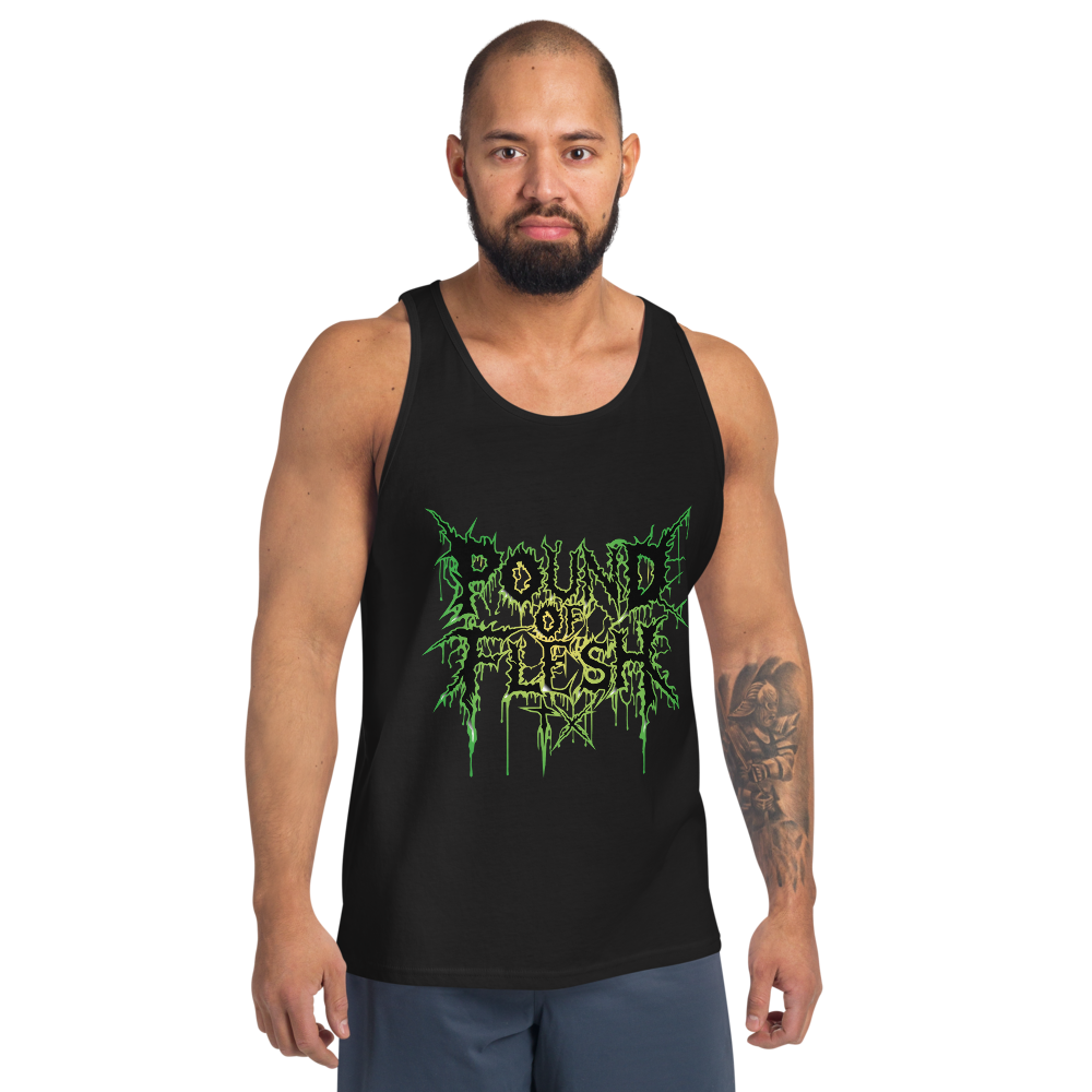 Men's Black Tank Top with Pound of Flesh TX Green Logo